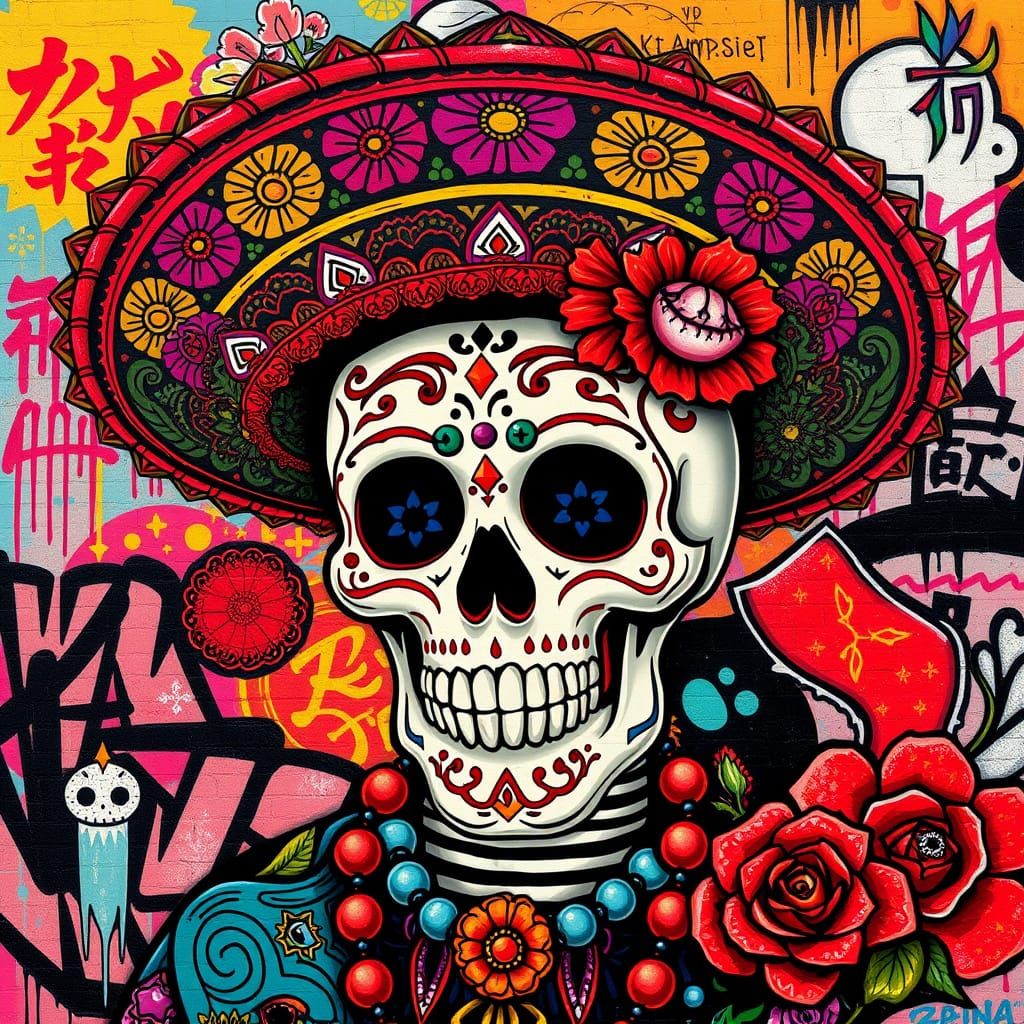 Sugar Skull in Vibrant Day of the Dead Attire