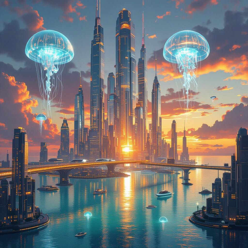 Utopian Floating Metropolis Reflecting Sunset Hues