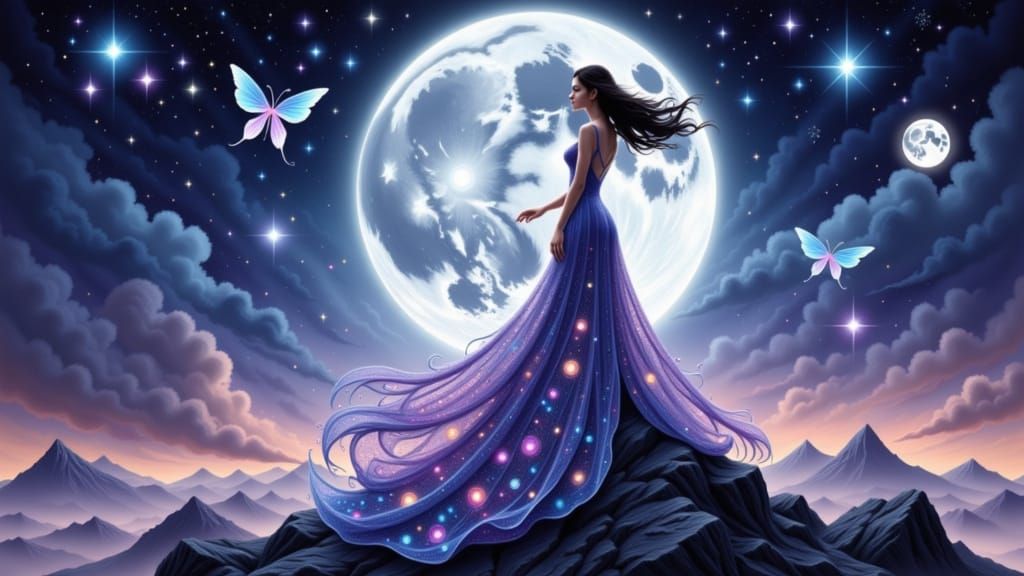 Celestial Woman on Mountain Under Glittery Moon
