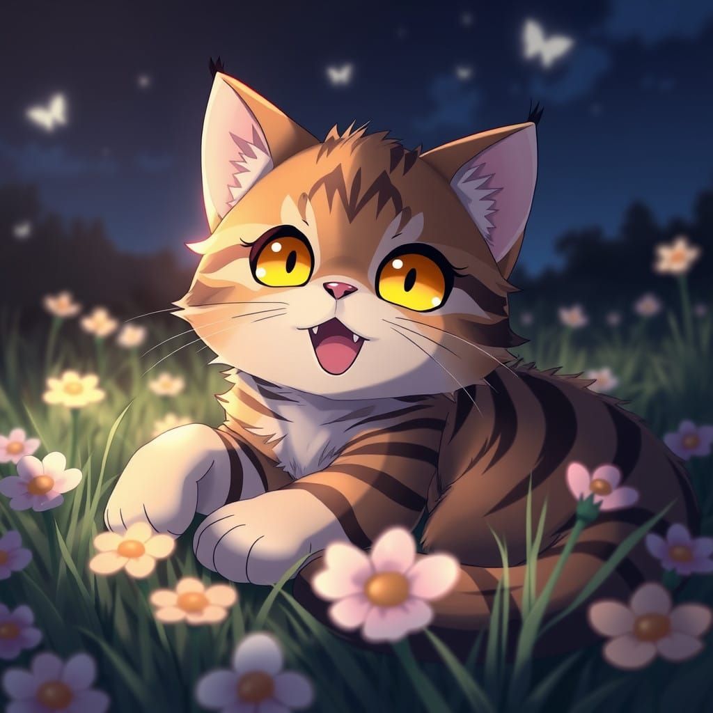 Anime-Style Cat Lying in a Flowery Field at Night