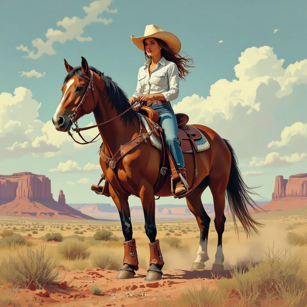 Cowgirl on Horse in Sweeping Western Landscape