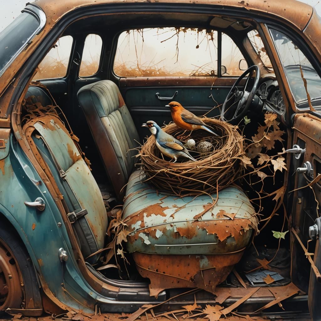 Bird's Nest in Rusted Car Interior
