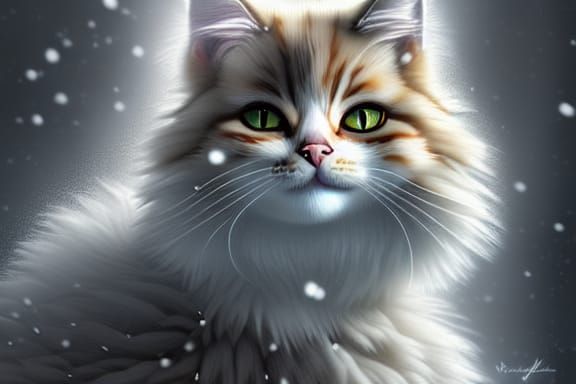Fluffy Tabby Cat in Snow, Digital Painting