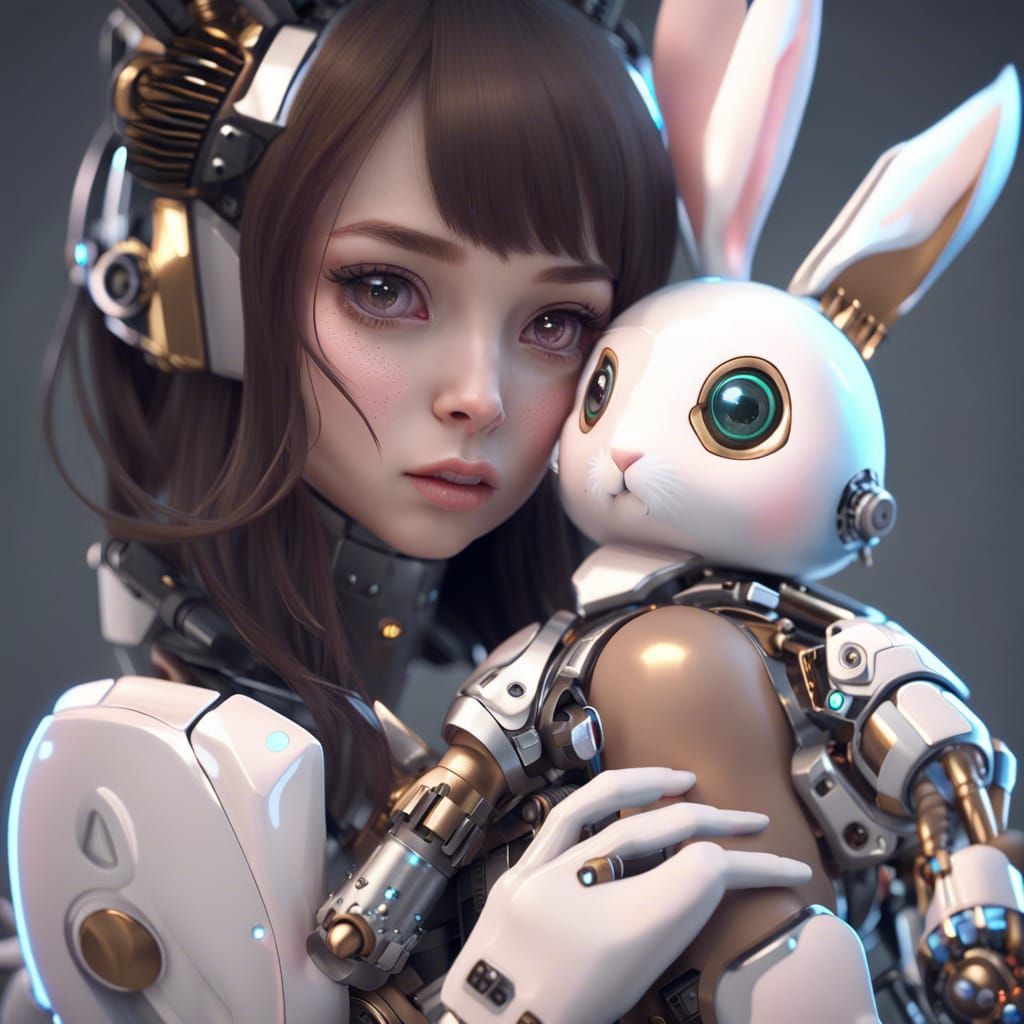 Anime Robot Girl with Rabbit Toy in Sci-Fi Style