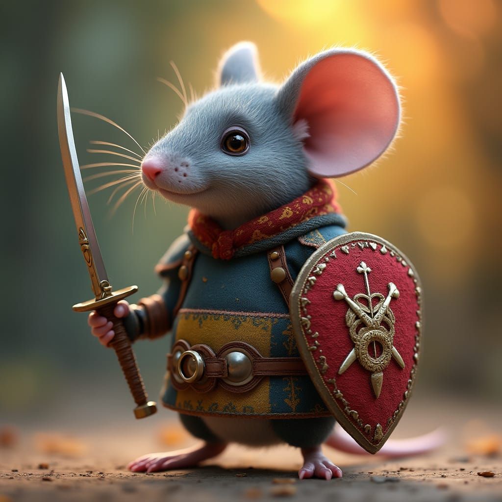 Whimsical Gray Mouse in Patchwork Armor Wields Elegant Rapie...