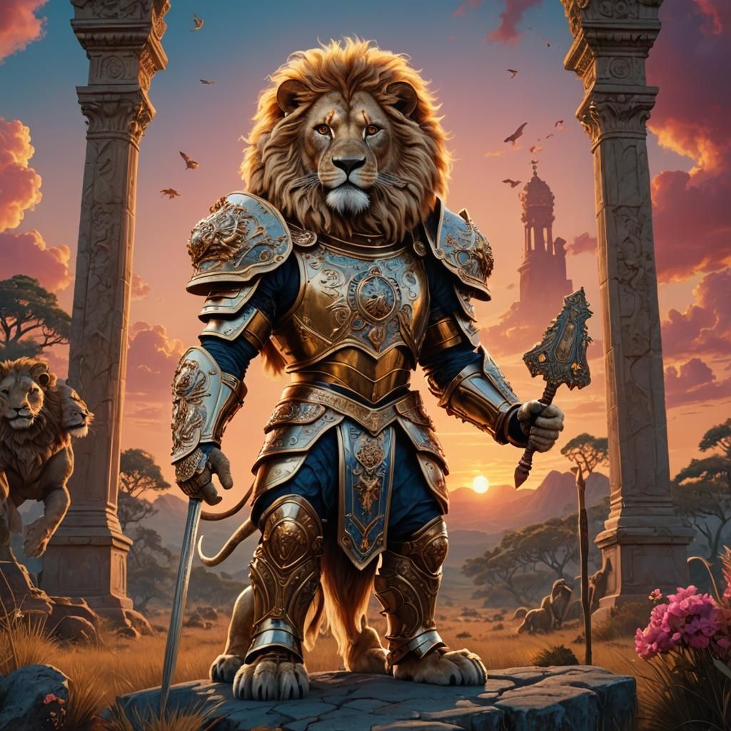 Lion Cleric in Golden Armor Fantasy Art