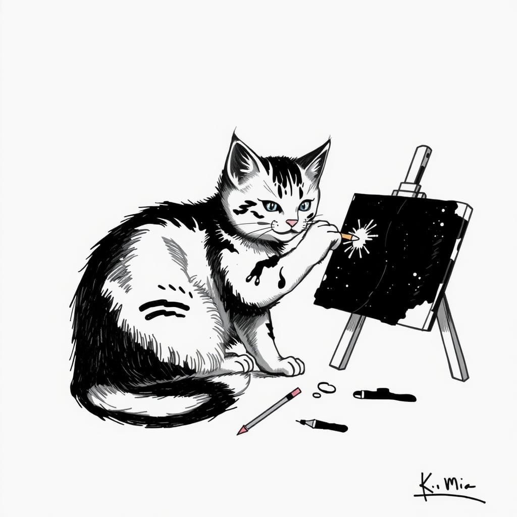 Feline Artist Creates Masterpiece in Ink Drawing