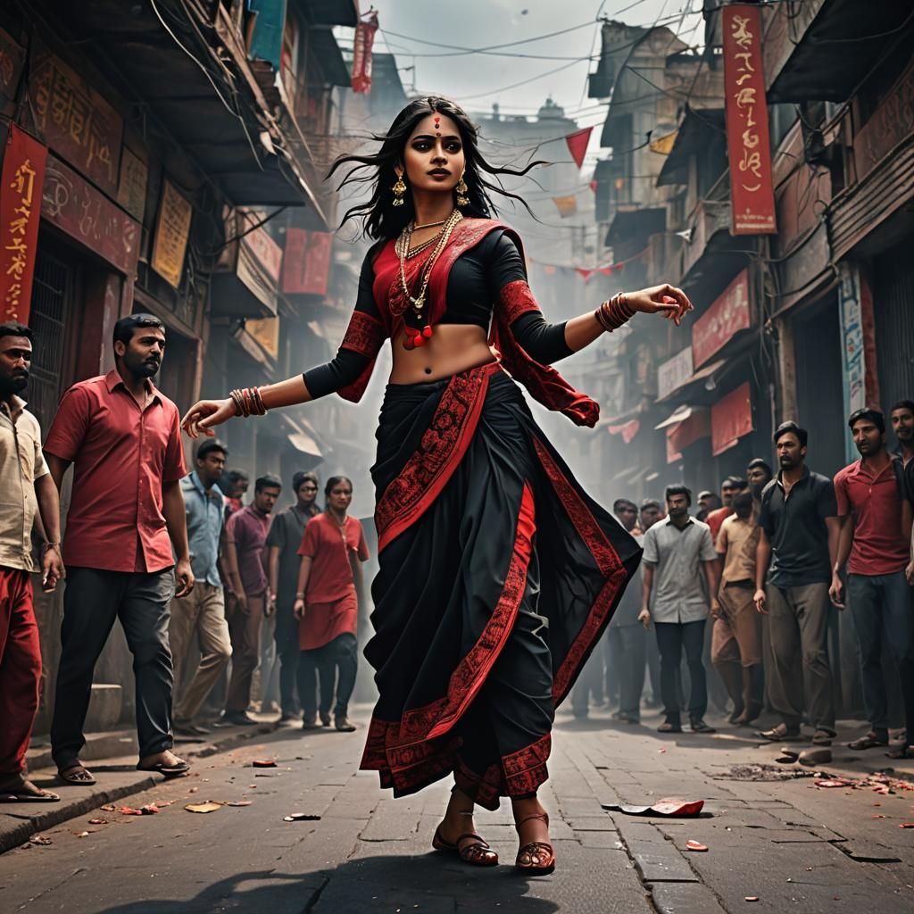 Hindu Woman Dancing in Street: Digital Matte Painting