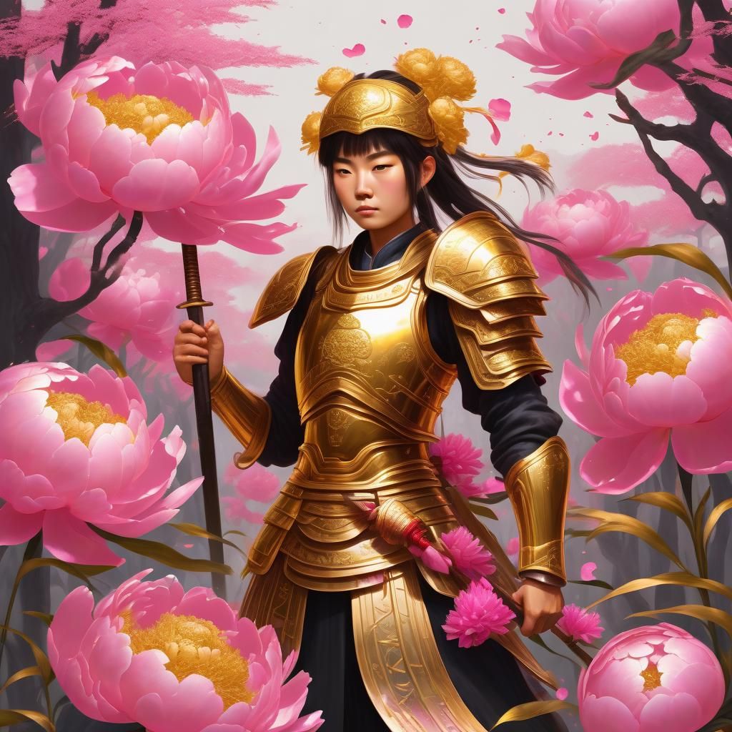 Female Warrior of Love with Golden Peonies