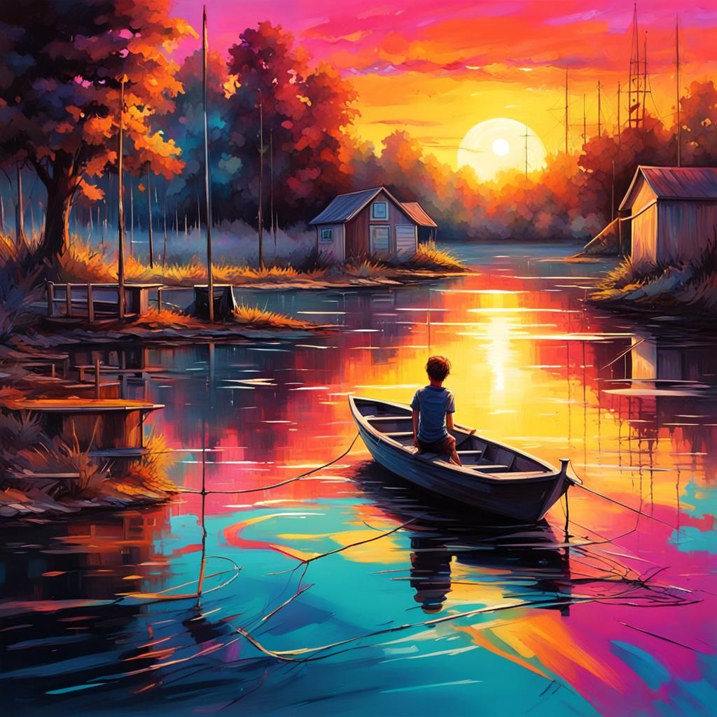 Sunset Lake Scene in Graffiti Art Style