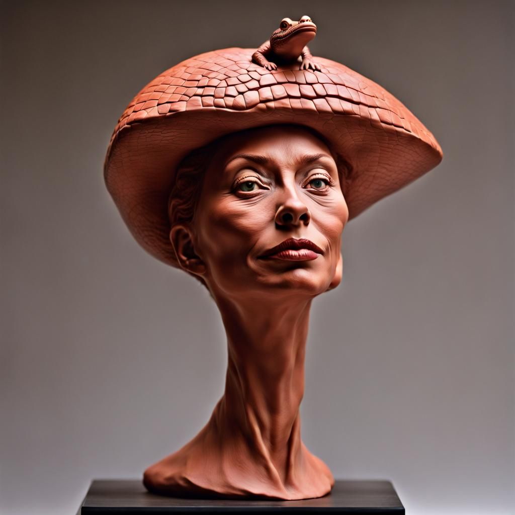 Red Clay Sculpture: Lady with Crocodile Hat