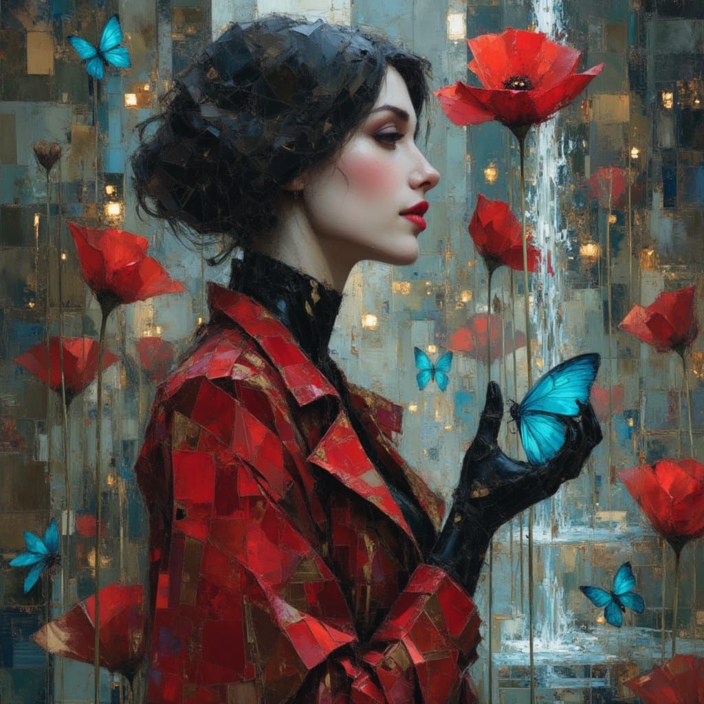 Glamorous Robot and Butterfly in Futuristic Garden