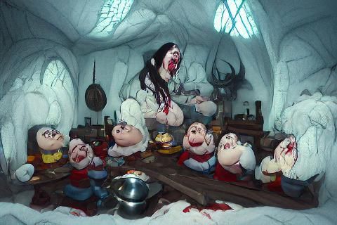 Snow White's Gruesome Feast: A Horror Scene