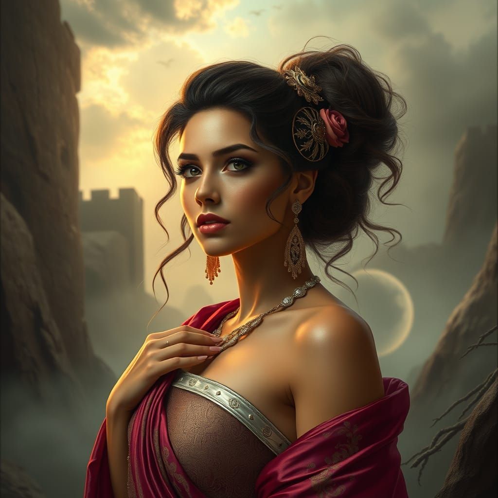 Majestic Woman Radiating Confidence in Atmospheric Backdrop