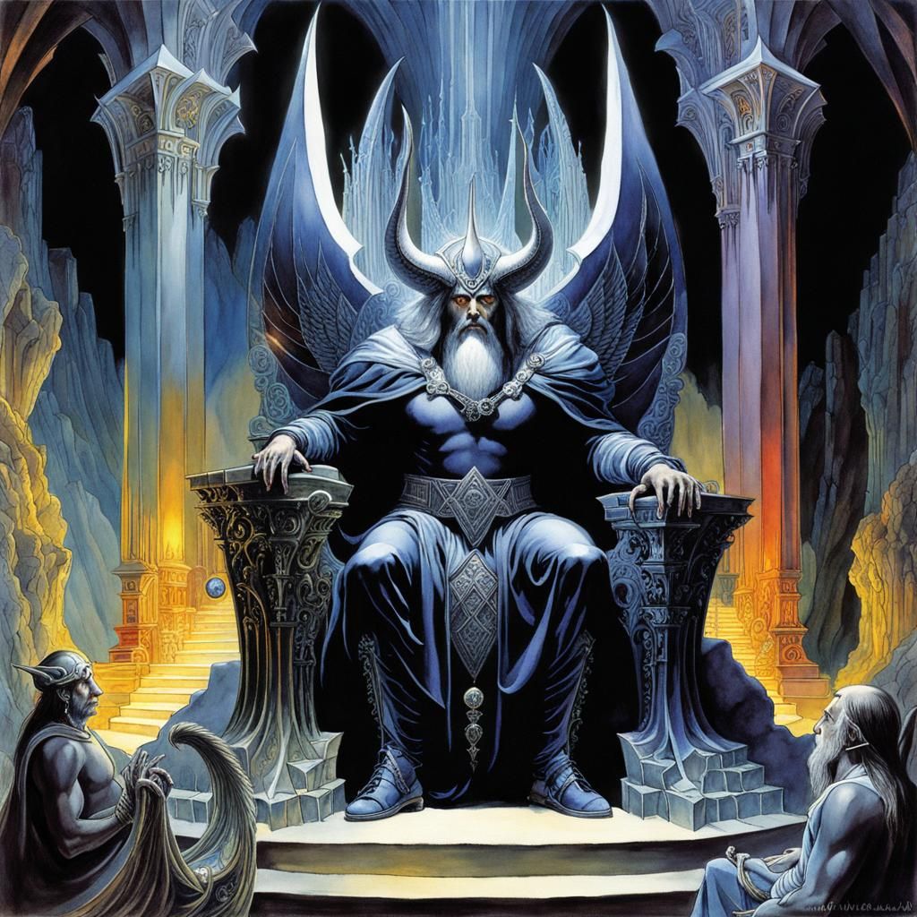 Satan Enthroned in Crystal Cave: Watercolor Art
