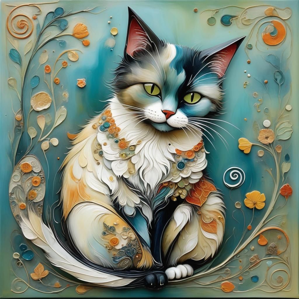 Whimsical Cat Preening in Encaustic Style