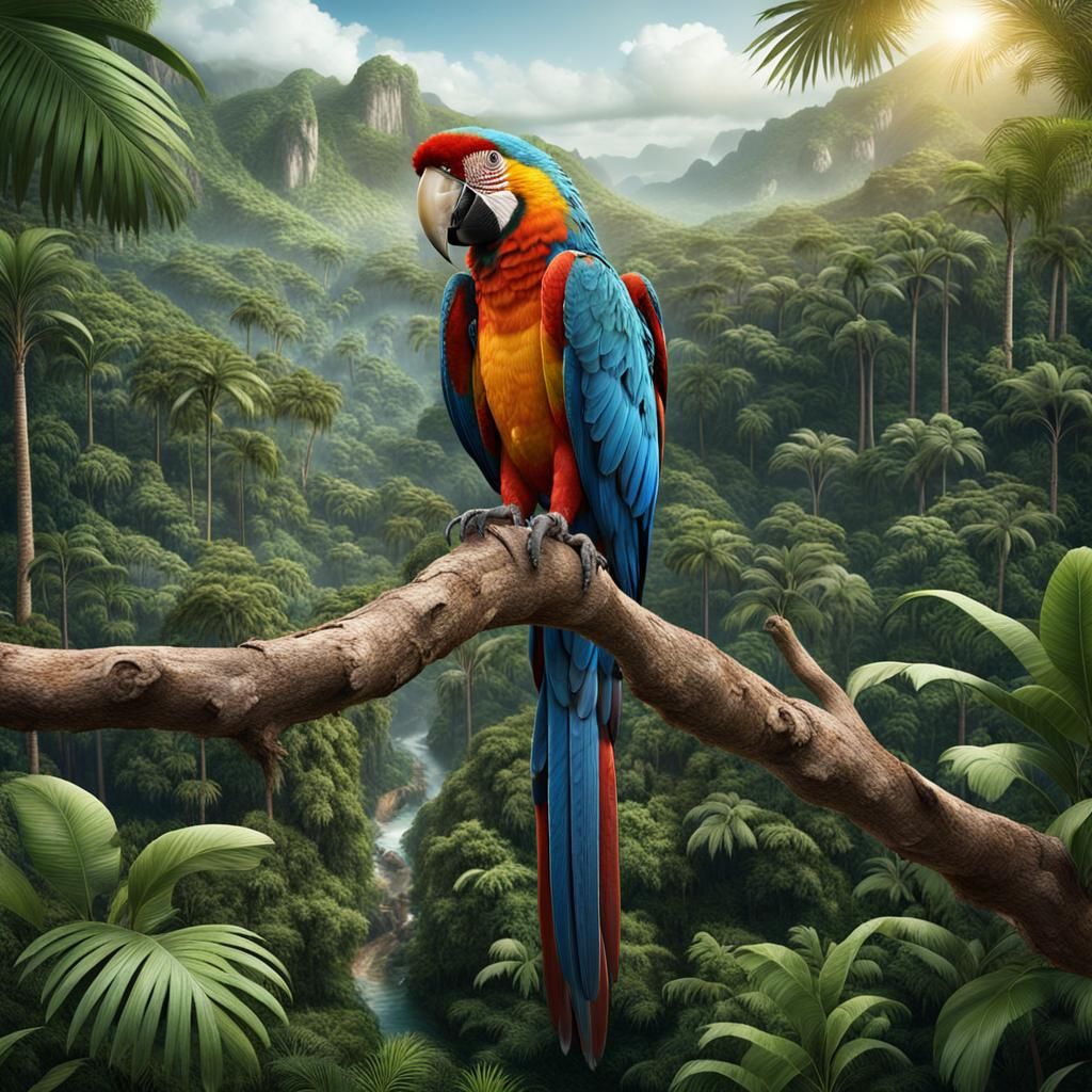 Macaw in Tropical Forest Matte Painting