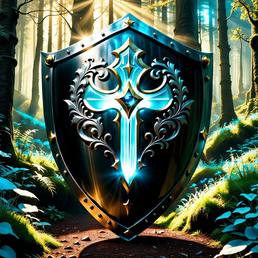 Enchanted Knight Shield in Forest with Magical Aura