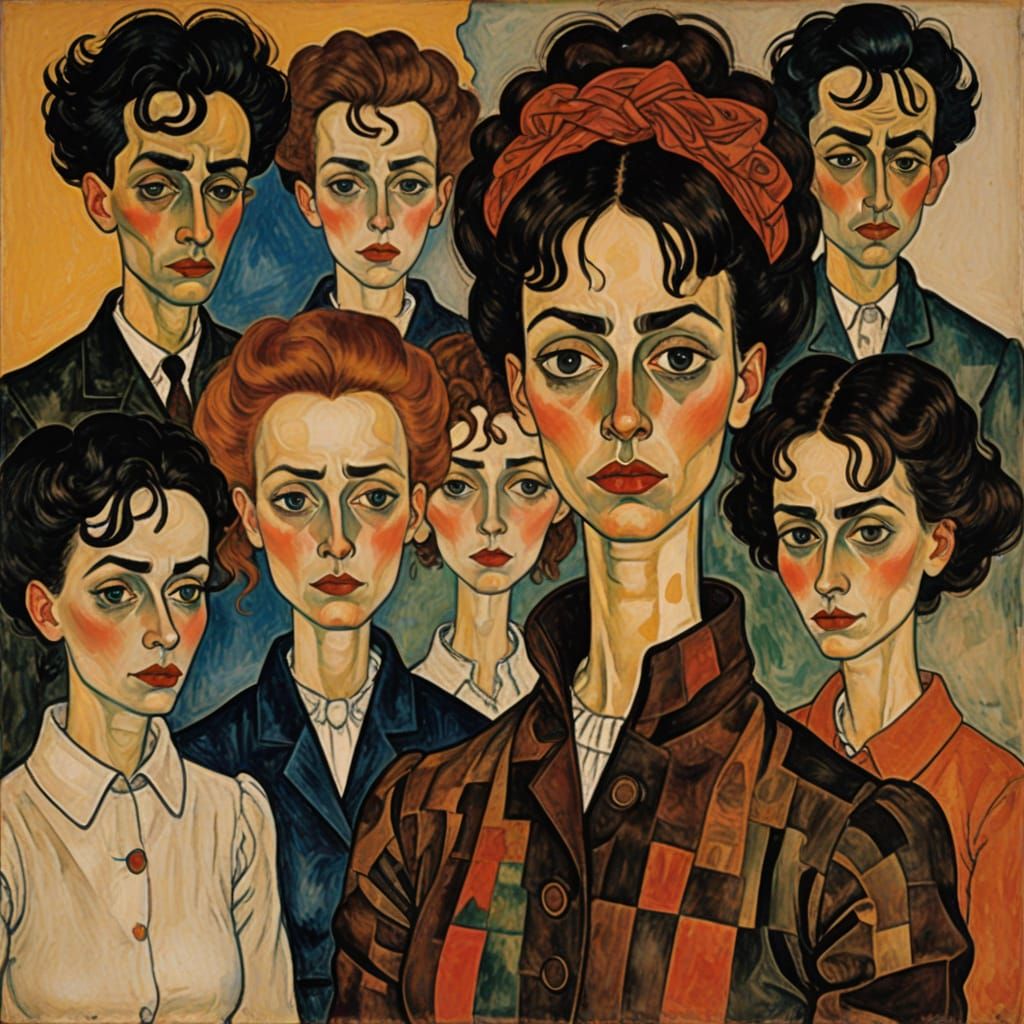 Expressionist Portrait of Woman Amidst Uneasy Admirers