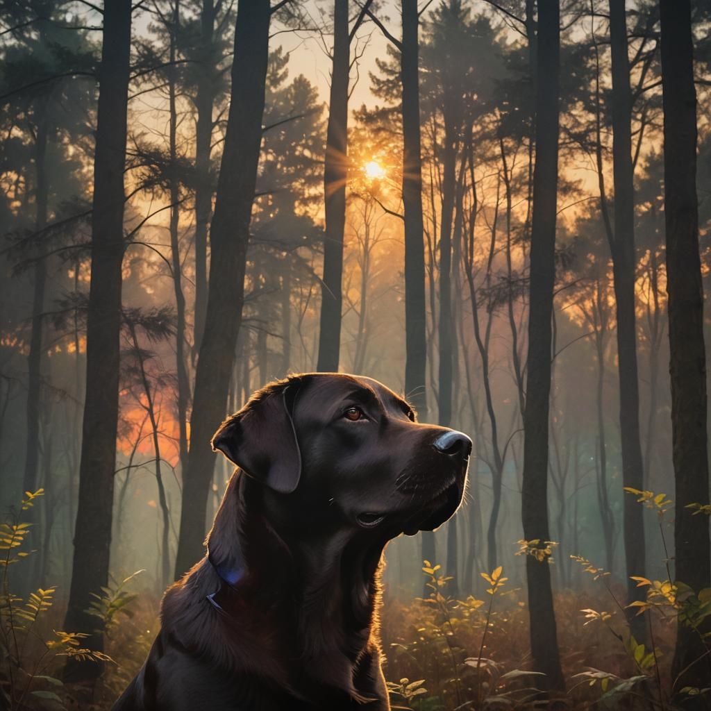 Labrador Retriever Double Exposure: Impressionist Forest Sun...