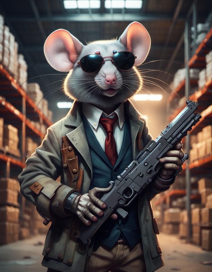 Cyberpunk Gangster Mouse Engineer in Warehouse