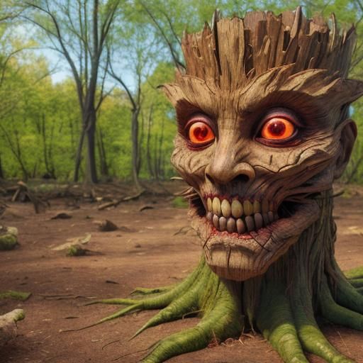 Creepy Bark Face in Woodpunk Anime Style
