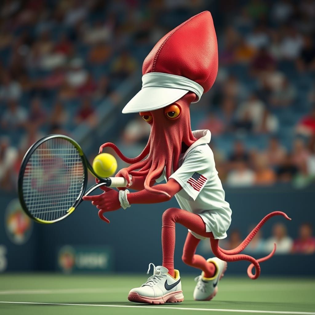 Surreal Squid Tennis Player Returns Serve