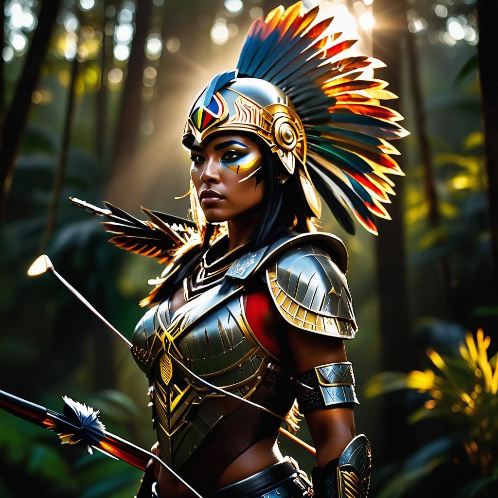 Bronzepunk Warrior Aims Alien Bow in Golden Light