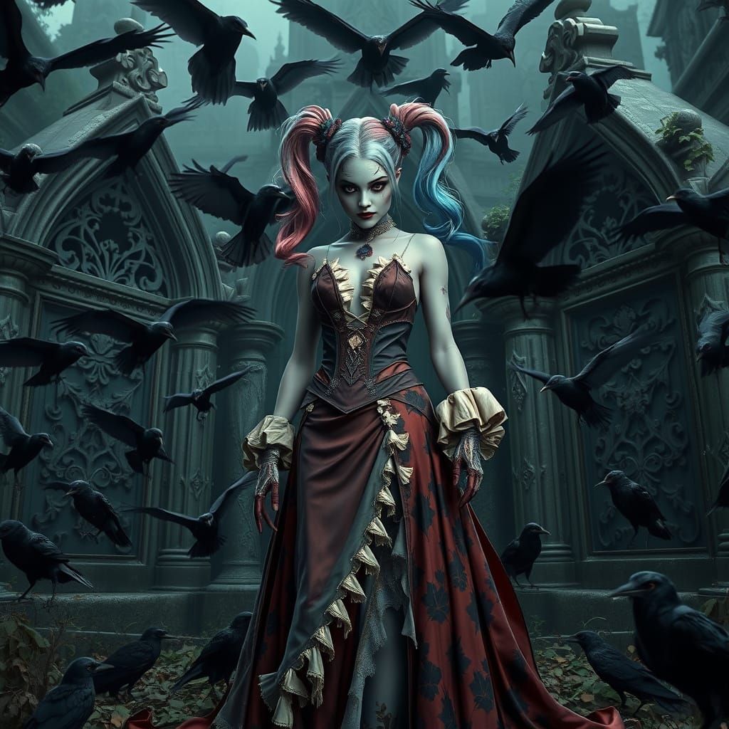 Gothic Harley Quinn Hybrid in Cemetery Crypts
