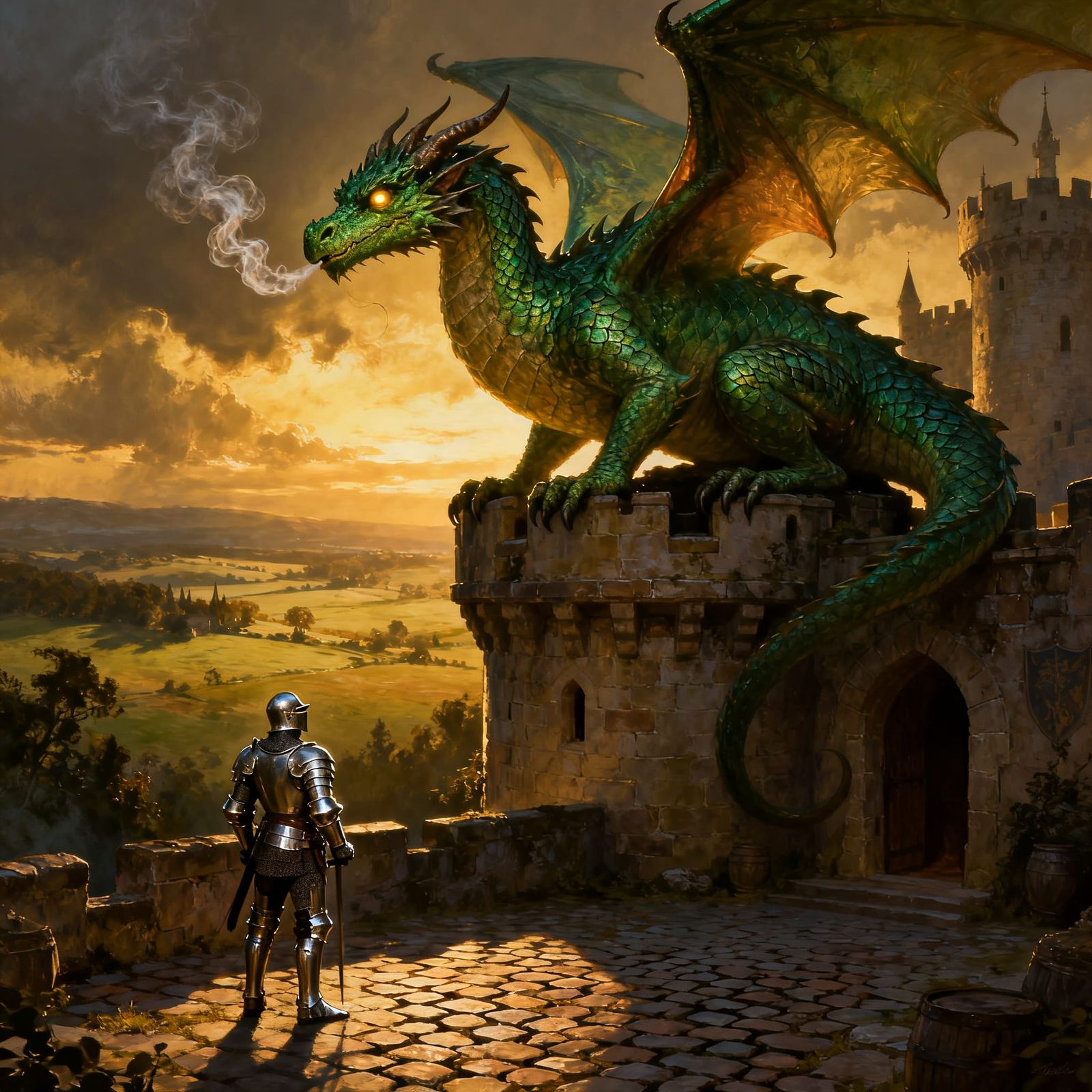 Majestic Dragon and Knight at Golden Hour
