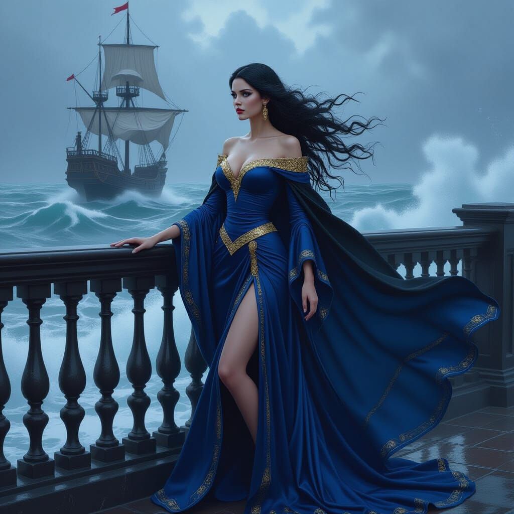 Maiden Watches Storm-Tossed Galleon at Sea