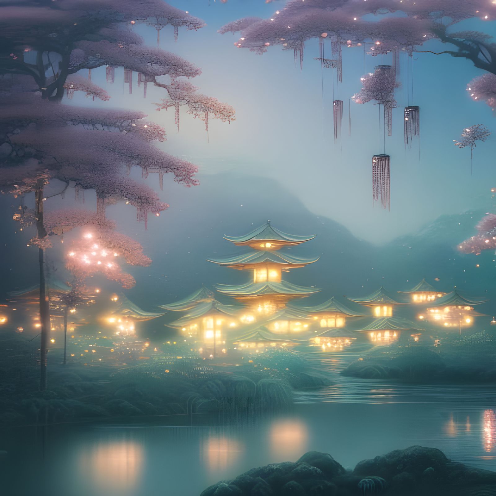 Dreamy Japanese Village with Cherry Blossoms