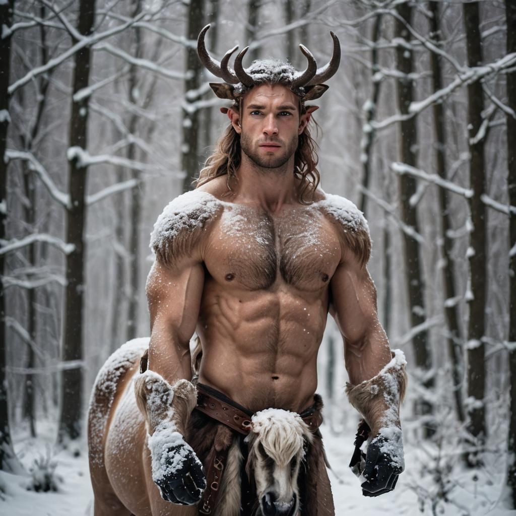 Centaur Portrait in Snowy Forest, Digital Photography