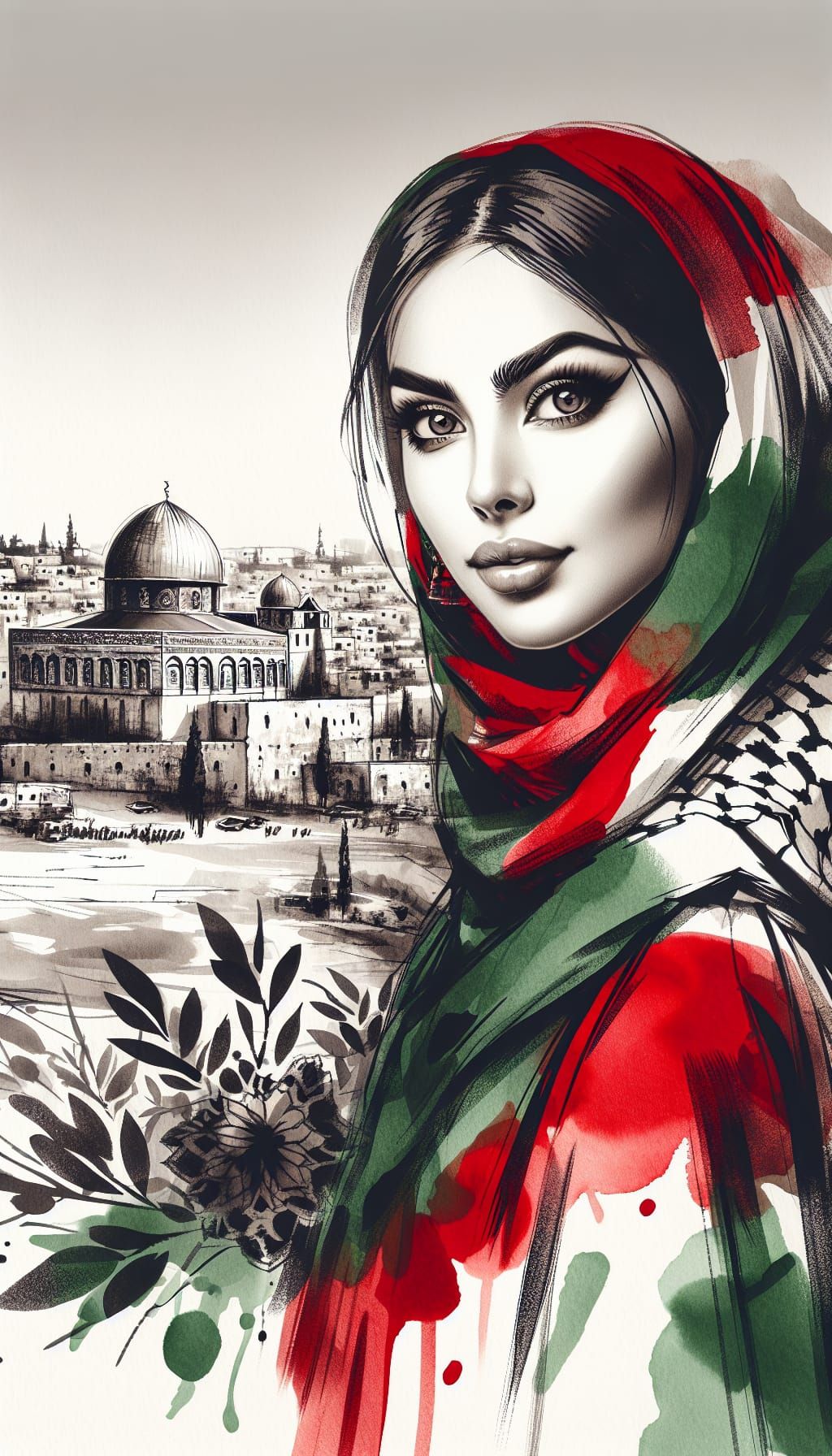 Elegant Palestinian Woman Portrait in Splash Art Style