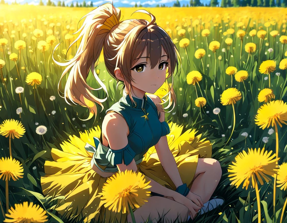 Vibrant Anime Girl in Dandelion Field, Studio Trigger Style