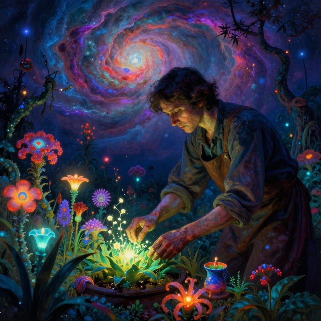 Surreal Gardener Tends Ethereal Nebula Garden