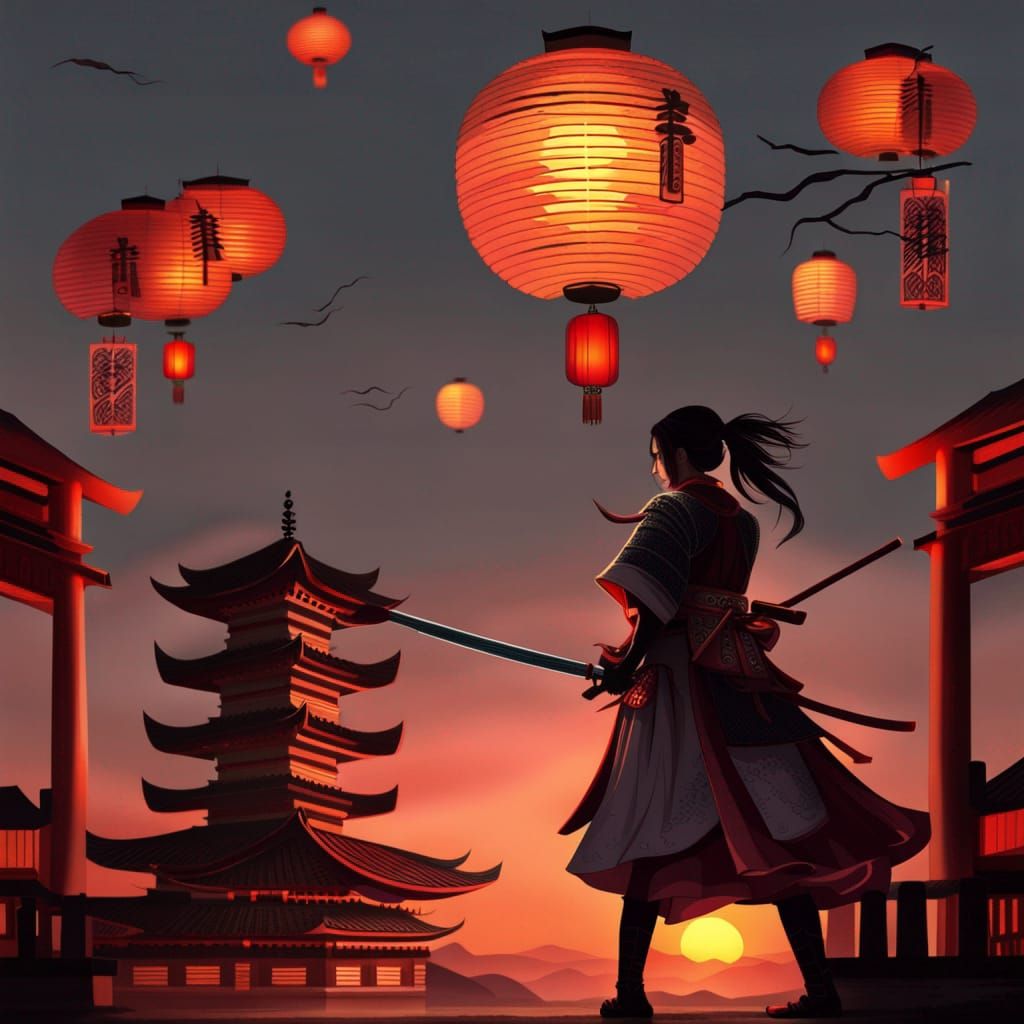 Epic Samurai Woman with Katana at Sunset