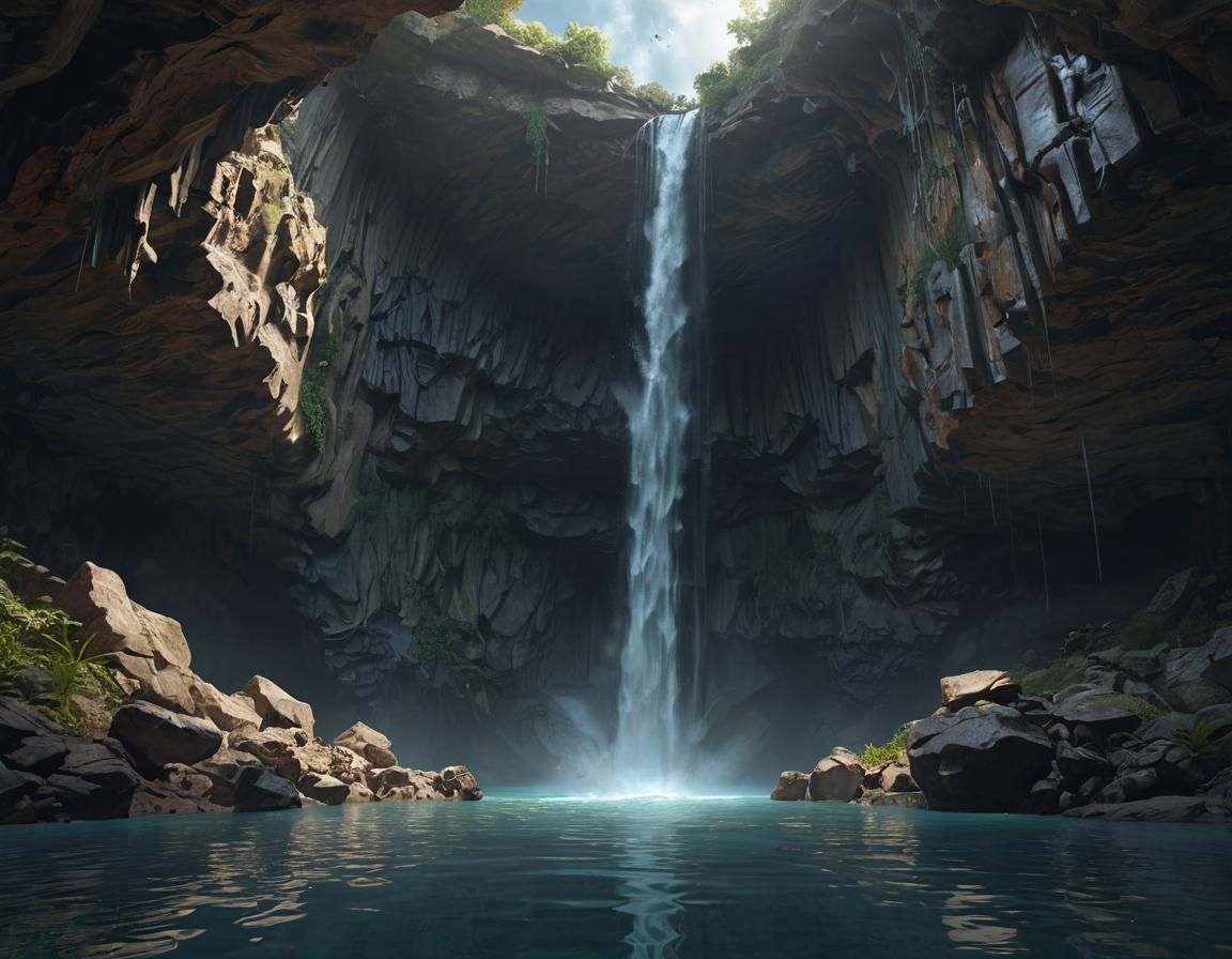 Dramatic Waterfall Cavern Matte Painting