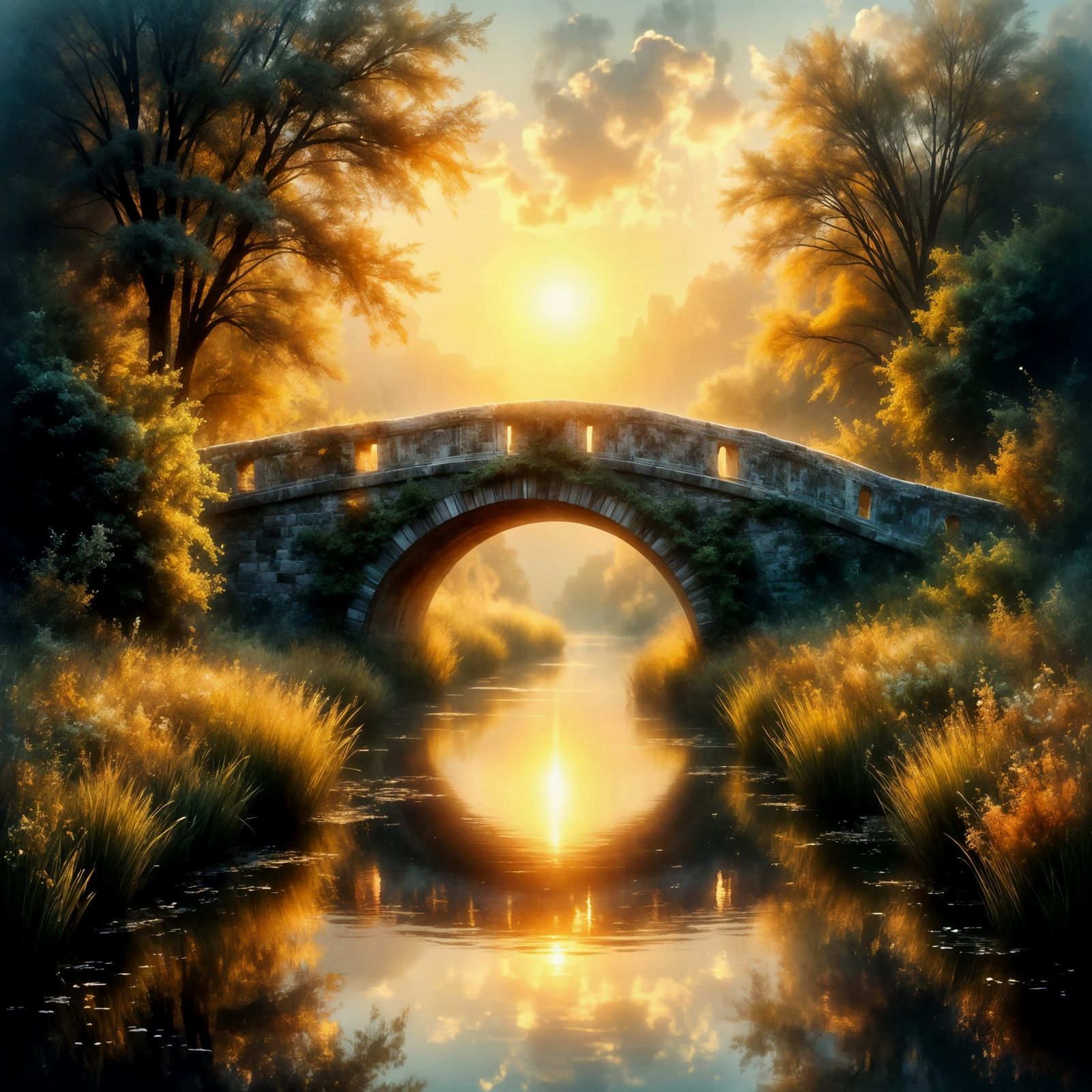 Golden Hour Stone Bridge Over Calm River