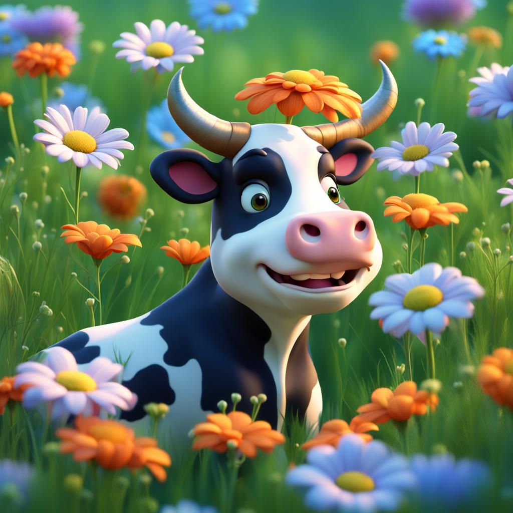 Cute Cow in Field, Pixar Style Rendering