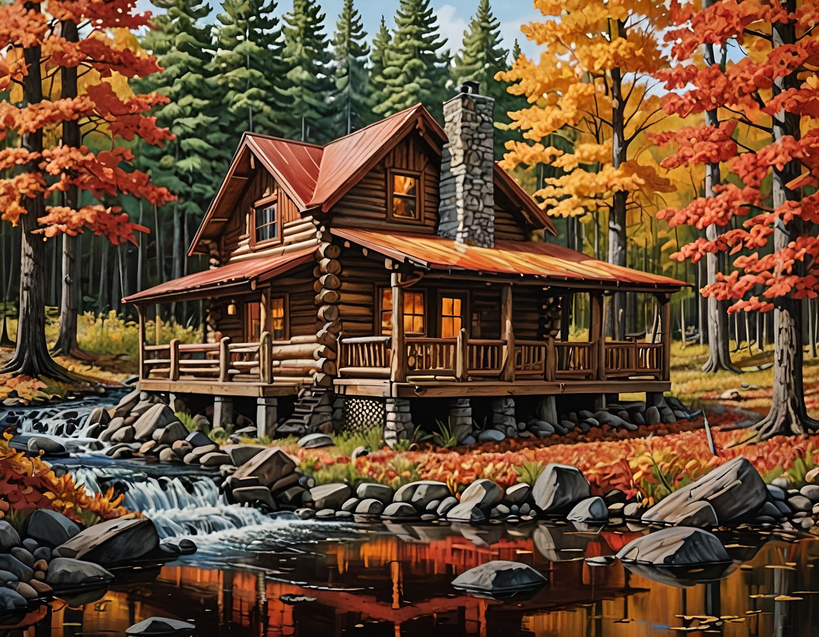 A log one story cabin with the trees changing leaf leaf colo...