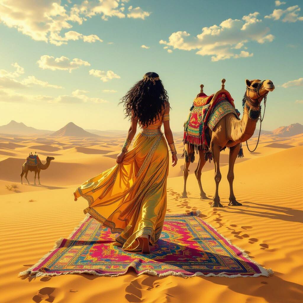 Egyptian Lady in Golden Desert Landscape Painting
