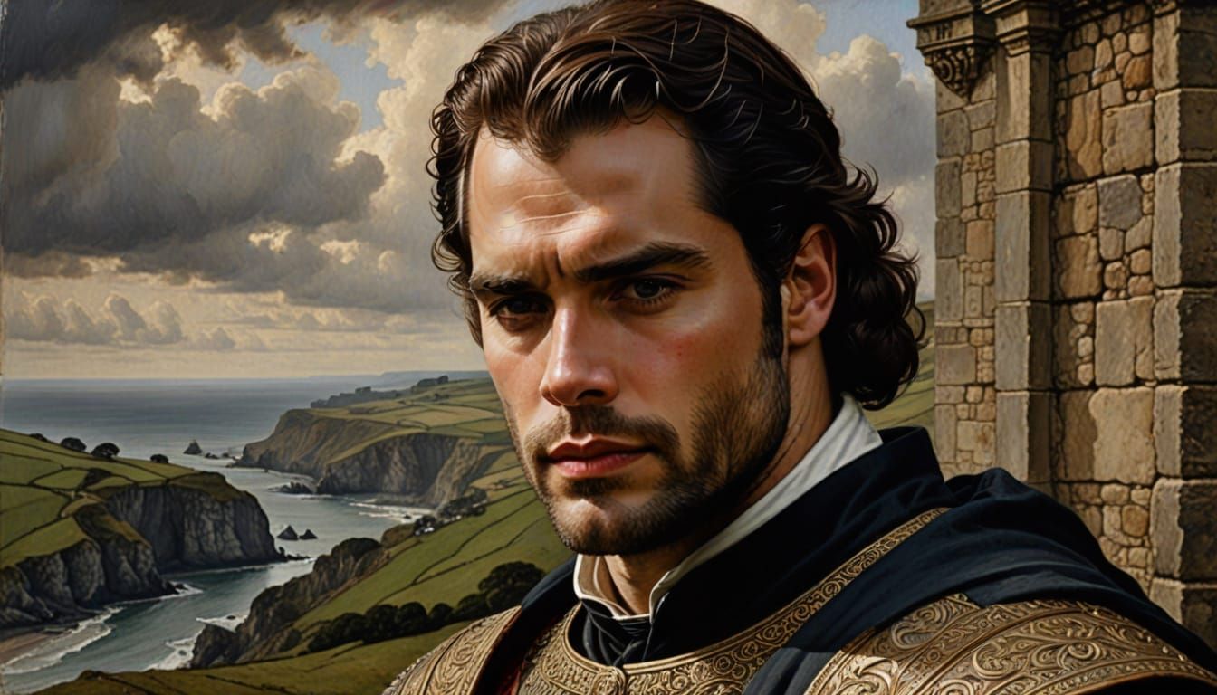 Henry Cavill in a Medieval Clifftop Landscape, in Oil on Cop...