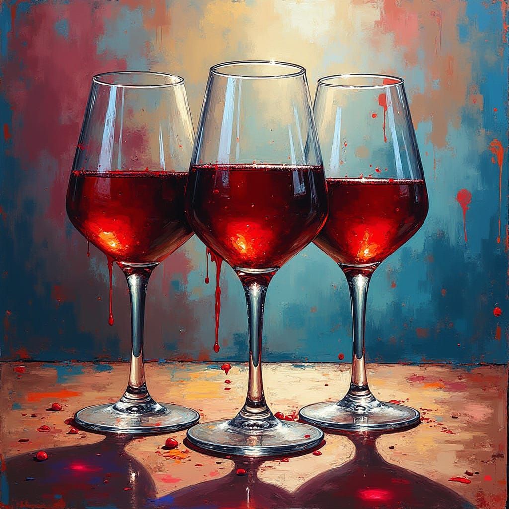 Graffiti Wine Glasses on Wooden Table Art