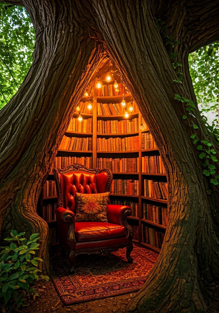 Magical Reading Nook in Ancient Tree Trunk