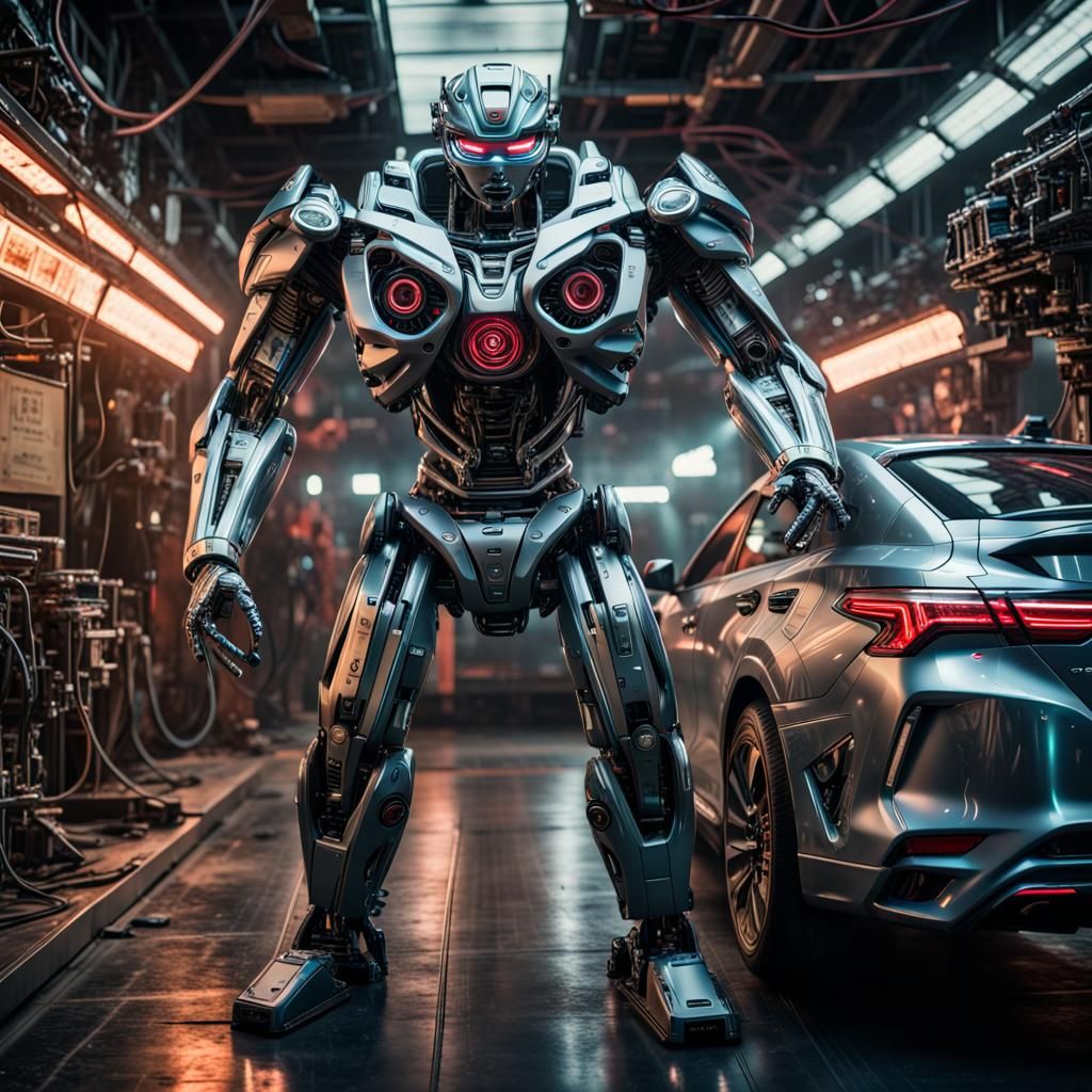 Toyota Camry transforming into a cyberpunk battle robot