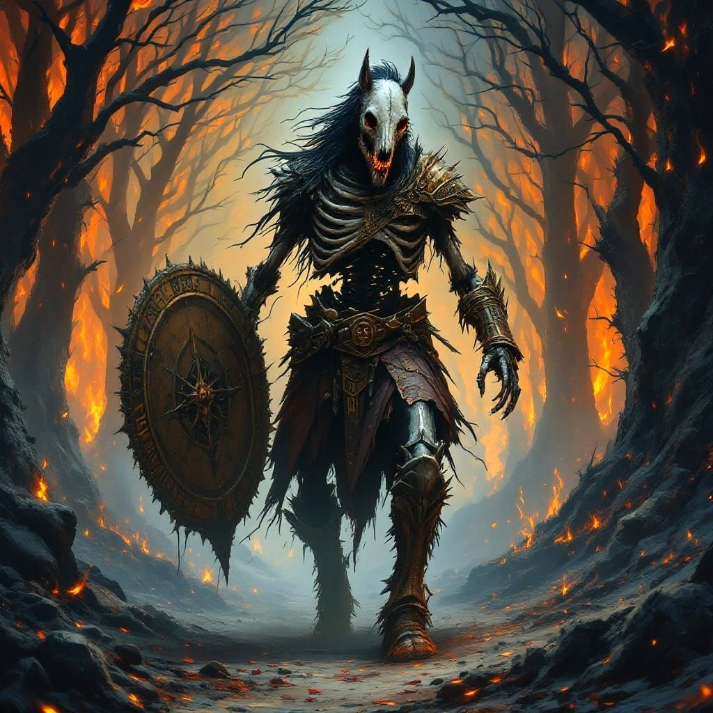 Cyberpunk-Style Skeletal Warrior in Fiery Wildscape
