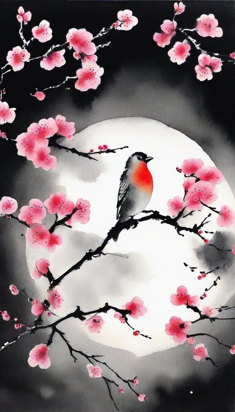 Finch and Cherry Blossoms in Chinese Ink Style