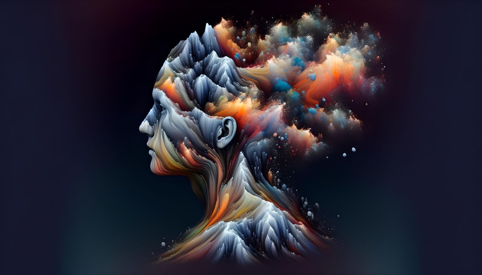 Fantastical Head with Erupting Mountains in Vibrant Colors