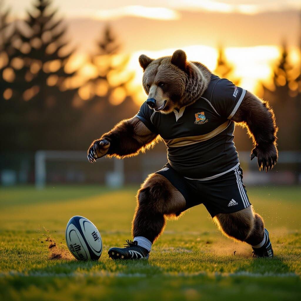 Bear Kicking Football on Rugby Field at Sunset